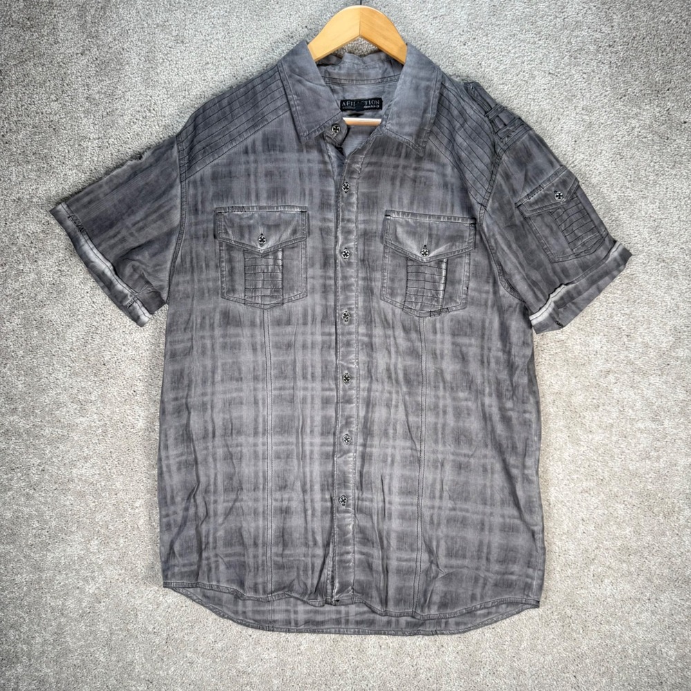Affliction Buckle Men's XL Short Sleeve Button Down Shirt Gray Acid Wash Grunge